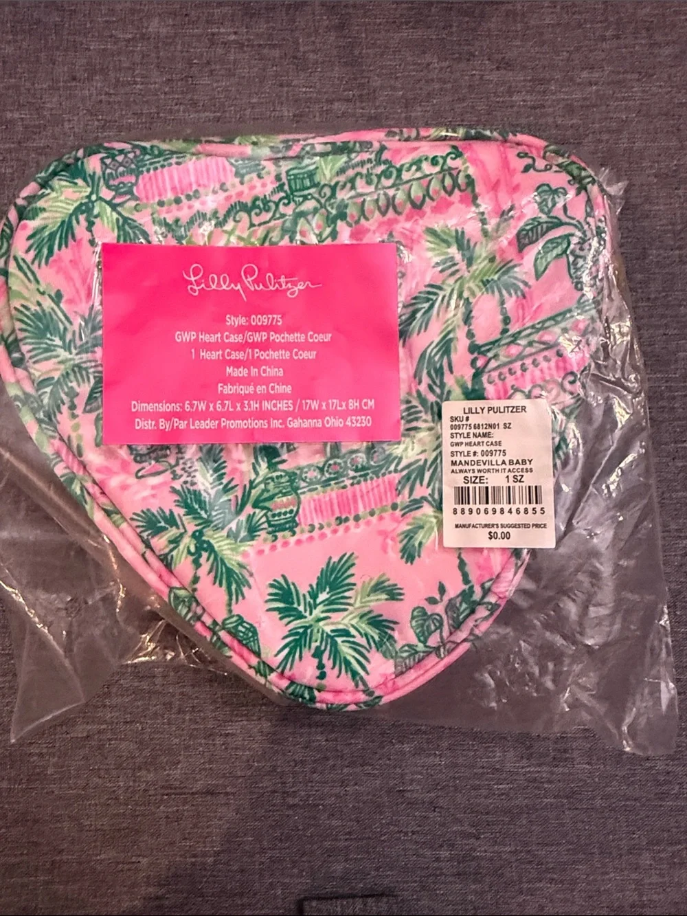 Lilly Pulitzer Pink and Green Heart-Shaped Cosmetic Pouch
